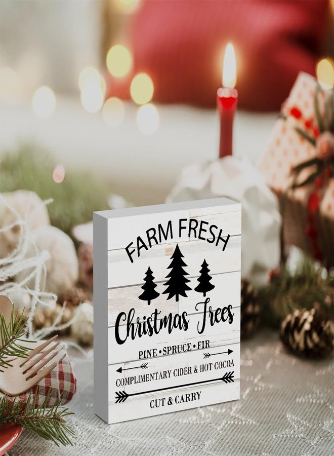 WRSUNT Rustic Winter Farm Fresh Christmas Trees Wood Box Sign, Farmhouse Christmas Santa Artwork Decor, Wood Square Sign Desk Block Signs Home Shelf Office Decoration 5 x 5 Inches - Image 4